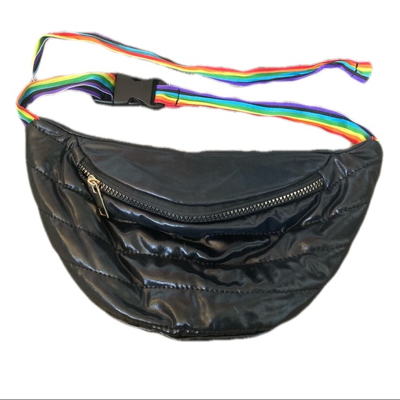 Olivia Miller Black Fanny Pack with Rainbow Strap and Gold Zipper Waist Pouch - Picture 2 of 3